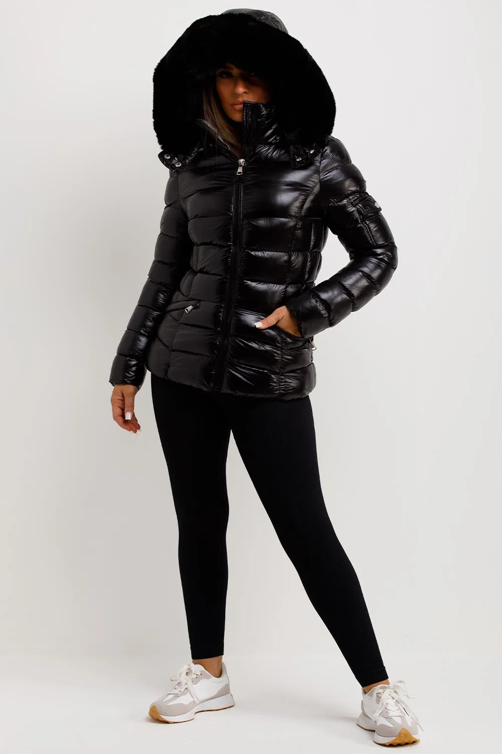 Athleisure styling with shiny puffer