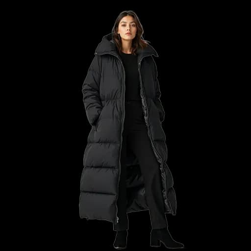 Woman wearing long black puffer coat