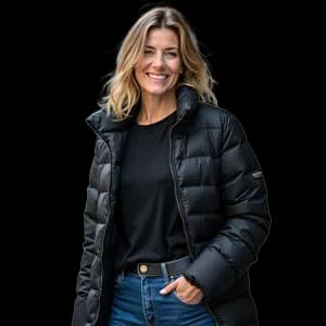 Casual black puffer coat styling