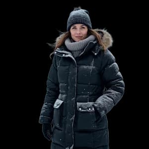 Long black puffer coat in extreme weather