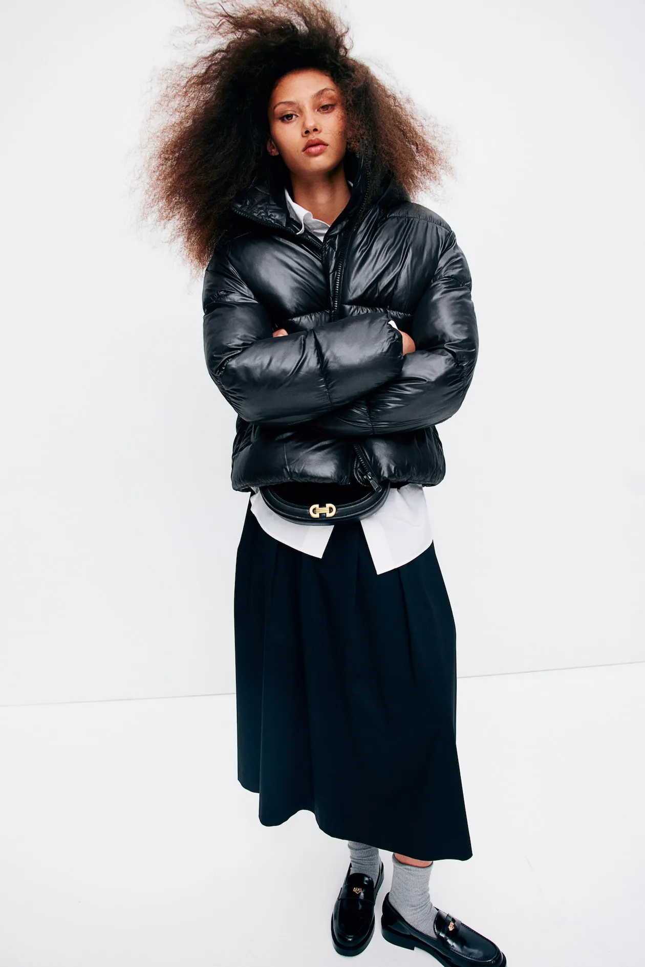 H&M Hooded Faux Leather Puffer Jacket
