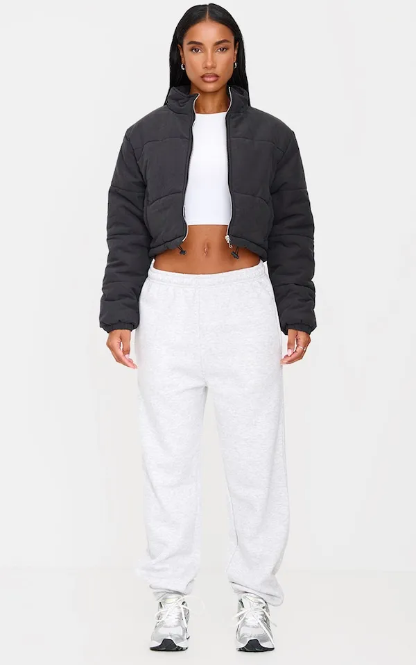 PrettyLittleThing Black Super Cropped Peach Skin Puffer