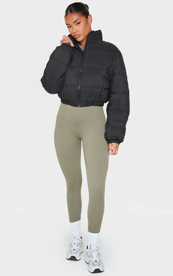 PrettyLittleThing Black Cropped Peach Skin Bubble Puffer Jacket