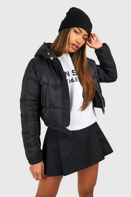 boohoo Black Hooded Crop Puffer Jacket