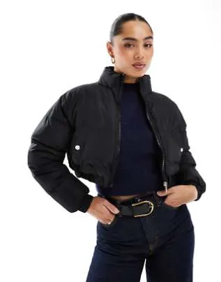 ASOS DESIGN clean puffer bomber jacket with funnel neck in charcoal