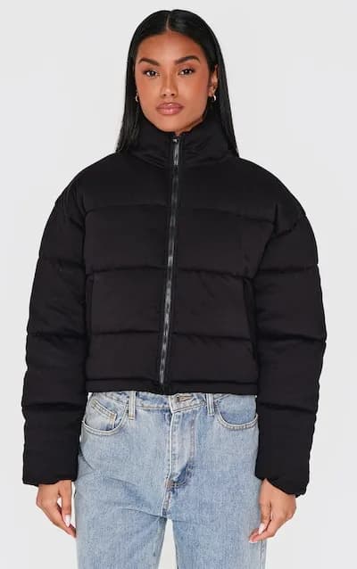 PrettyLittleThing Black Super Cropped Peach Skin Puffer