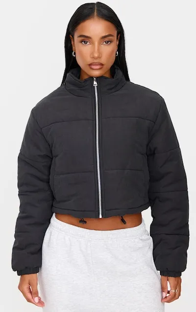 PrettyLittleThing Black Cropped Peach Skin Bubble Puffer Jacket