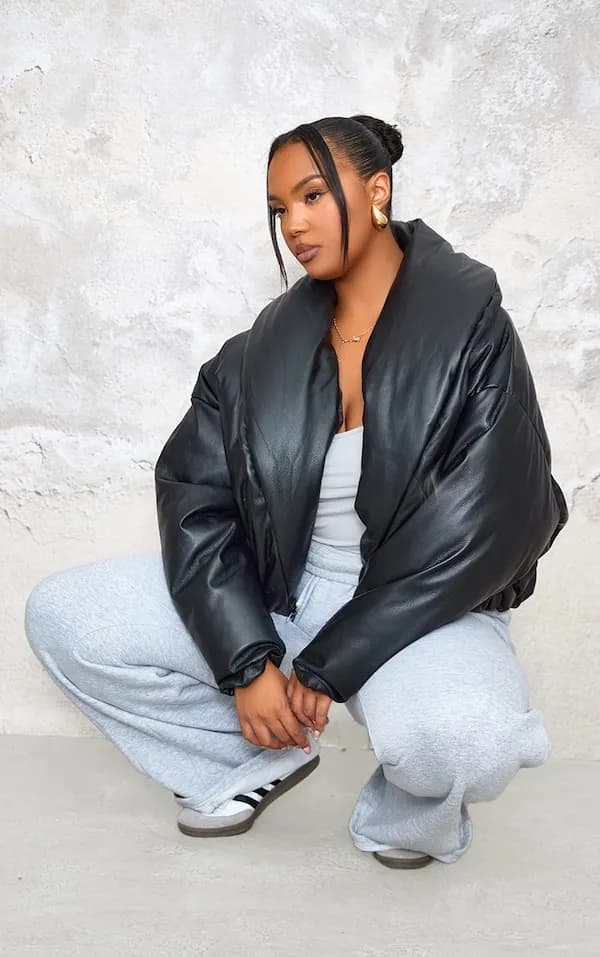 PrettyLittleThing Black Exaggerated Collar PU Cropped Puffer Coat