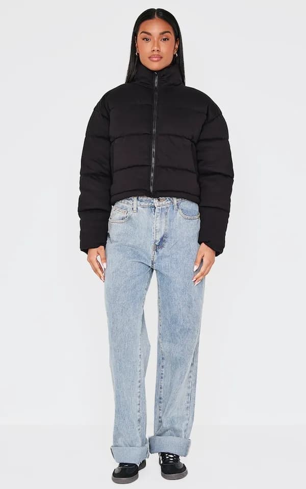 PrettyLittleThing Black Knit Jersey Cropped Padded Jacket