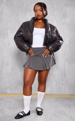 PrettyLittleThing Plus Black Cropped Oversized Collar Detail Puffer Jacket