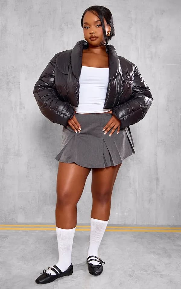 PrettyLittleThing Plus Black Cropped Oversized Collar Detail Puffer Jacket