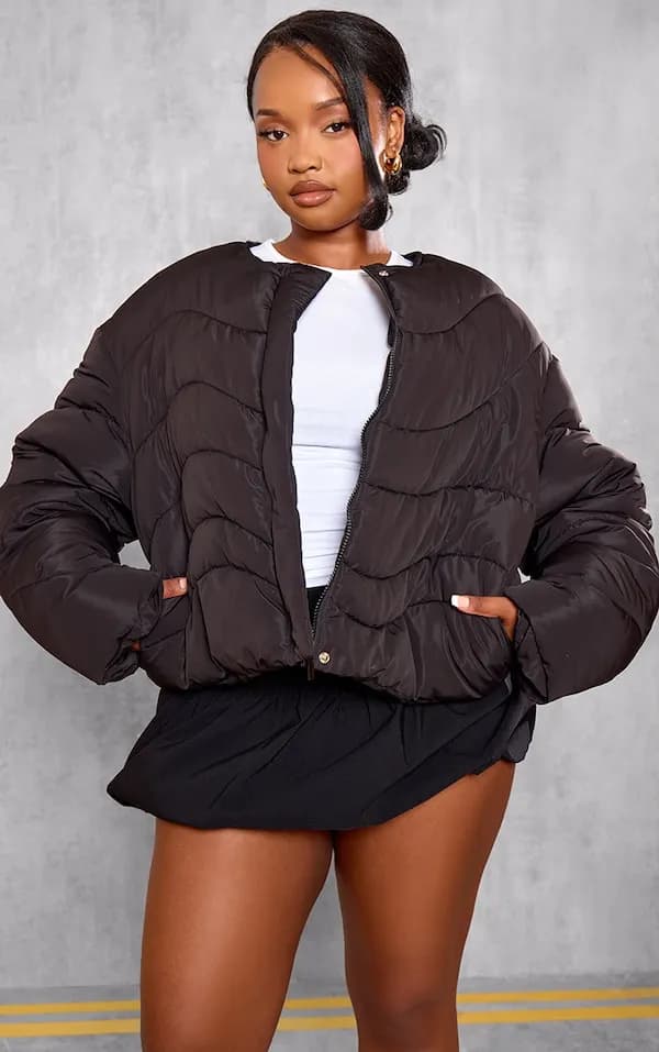 PrettyLittleThing Plus Black Cropped Round Neck Puffer Jacket
