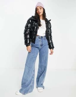 Brave Soul abiona vinyl puffer jacket in black