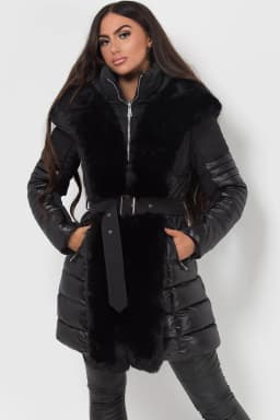 Styledup Black Puffer Coat With Faux Fur Hood And Trim