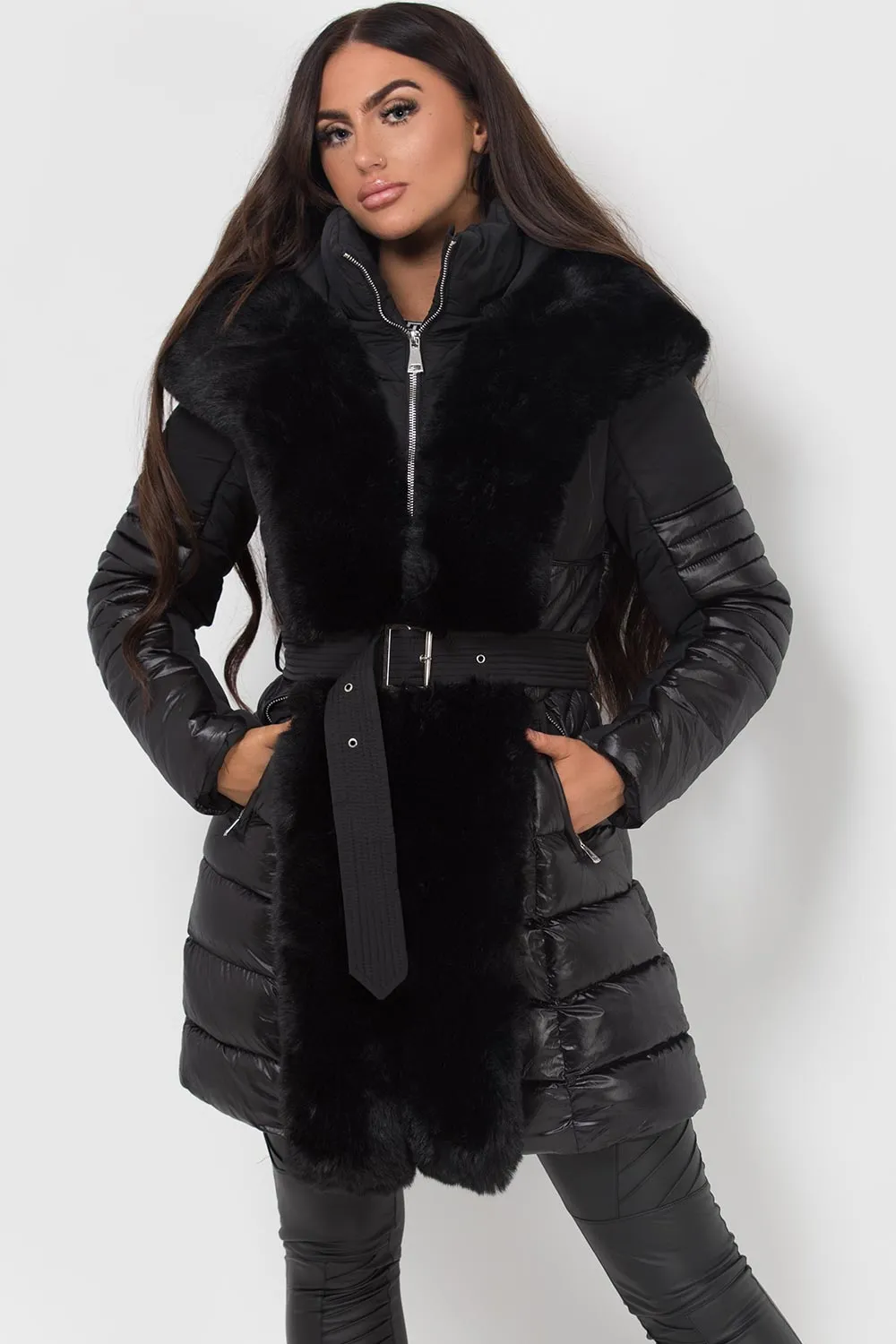 Styledup Black Puffer Coat With Faux Fur Hood And Trim