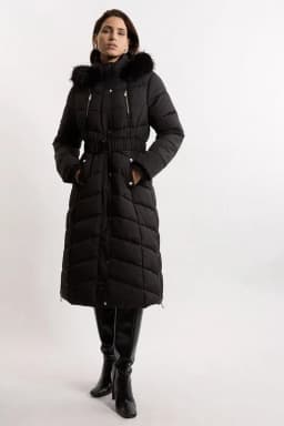 Karen Millen Black Faux Fur Lined Belted Longline Puffer Coat
