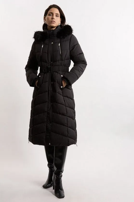 Karen Millen Black Faux Fur Lined Belted Longline Puffer Coat
