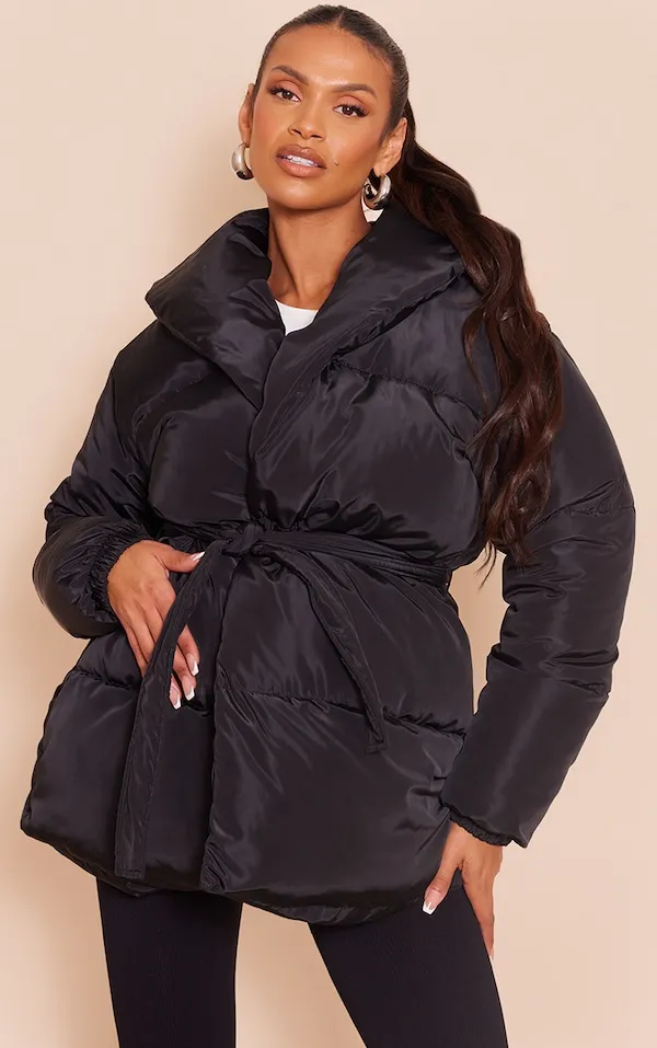 PrettyLittleThing Black High Shine Belted Maxi Puffer Coat