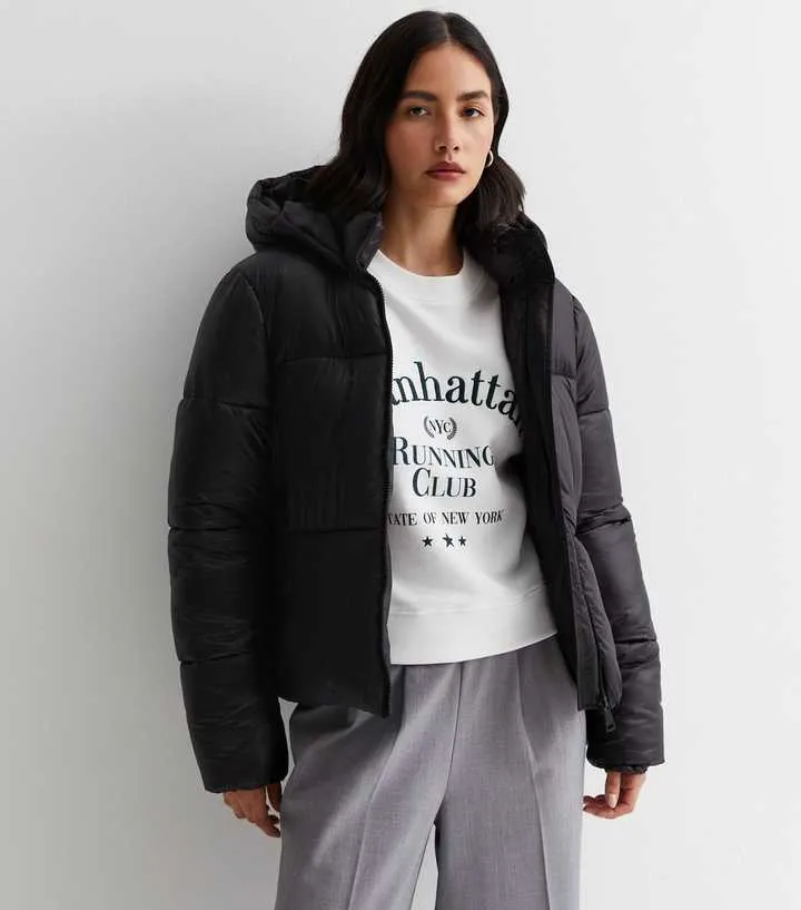 New Look Black High Shine Hooded Puffer Jacket