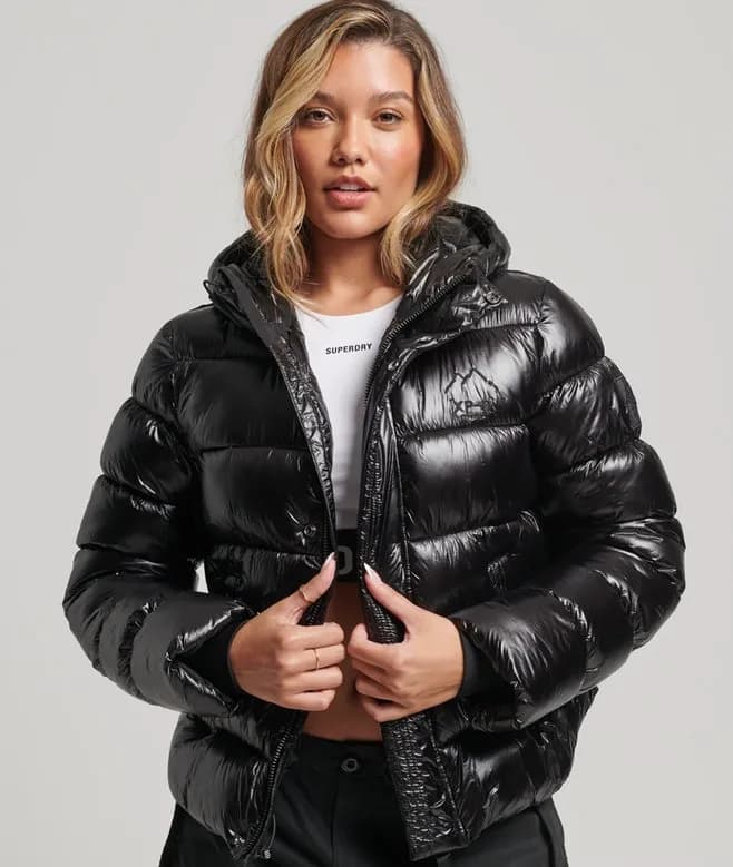Superdry womens Hooded Shine Sports Puffer Jacket in Black
