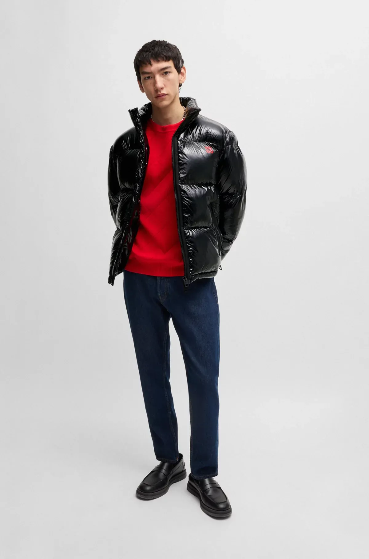 HUGO Slim-fit water-repellent puffer jacket in gloss fabric - Black