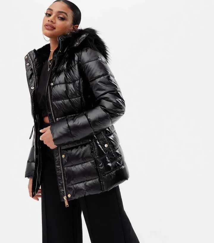 New Look Black Hooded Wet Look Puffer Jacket