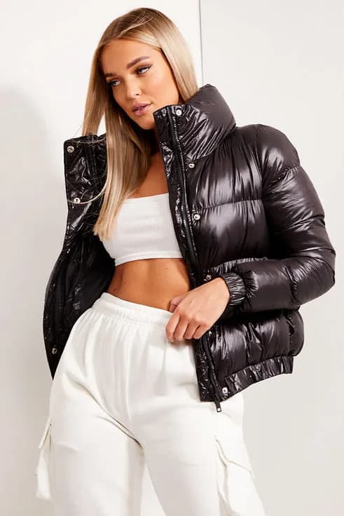 LASULA Black Wet Look Puffer Jacket